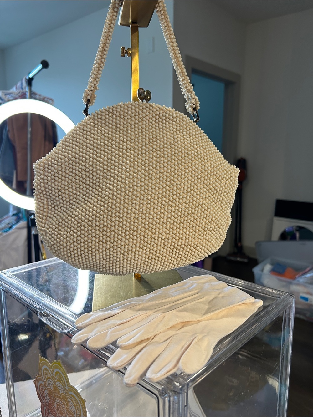 Corde Bead by Lumured Cream Beaded Evening Bag with Top Handle + Gloves